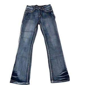 Live Hard Women Jeans Sz 4 (28x32) Rhinestones Bling Stretch Thick Stitch Blue - Picture 1 of 5