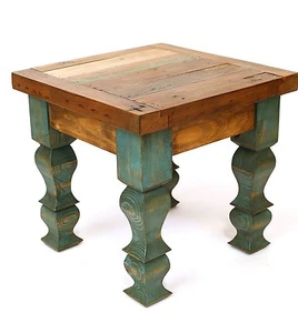 Rustikaler Beistelltisch-Türkis-Mexikanisch-18x18x17-Möbel-Primitiv-Alte Tür-Antik - Bild 1 von 3