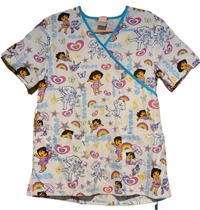 Nickelodeon Women Size S Faux Wrap Tie Back Top Scrubs Dora Explorer Rainbow - Picture 1 of 10