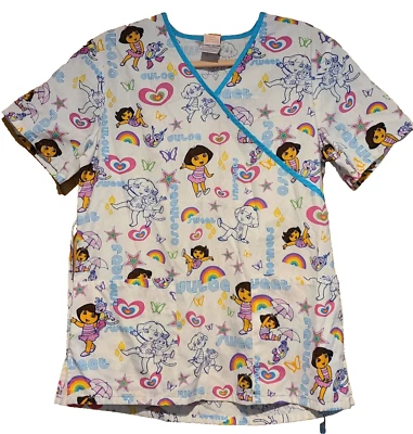 Nickelodeon Women Size S Faux Wrap Tie Back Top Scrubs Dora Explorer Rainbow - Image 1 of 4