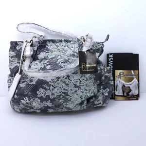 NEW B. Makowsky East West Tone Printed Leather Silver Metallic Trim Handbag - Picture 1 of 20