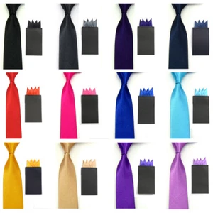 Men Satin Skinny Tie Necktie 4 Folds Pre-folded Pocket Square Hanky Wedding Set - Picture 1 of 21