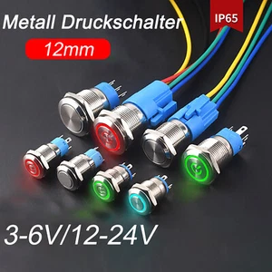 Pulsante pressostato metallo Ø 12mm auto LED 3V 6V 12V 24V 5A IP65 - Foto 1 di 42