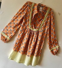 Rare pepe Green Orange Black Opart Birds  Silk Tunic Dress 40(S/M)