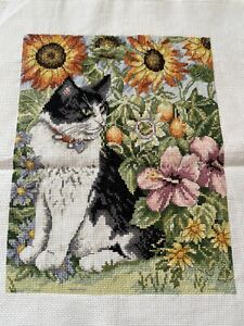 completed finished cross stitch The cat in the sunflower garden 8''x 10''