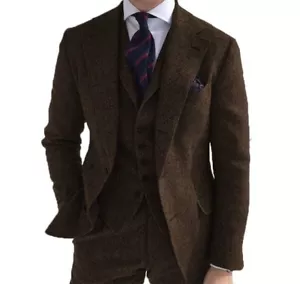 Traje de tweed espiga marrón para hombre de colección a cuadros novio esmoquin boda graduación 3 piezas - Imagen 1 de 8