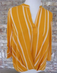 BLUE MOOD SZ M UNUSUAL L/S MUSTARD V NECKLINE SUMMER DRESSY CASUAL TOP BLOUSE - Picture 1 of 5
