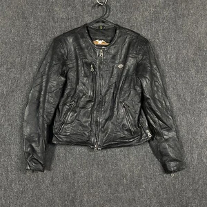 Harley Davidson Full Zip Leather Biker Jacket Womens Small Black Pockets - Picture 1 of 18