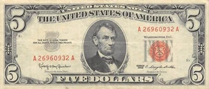 USA $5 Series of 1963 Block A - A Circulated Banknote Z19 - Picture 1 of 2