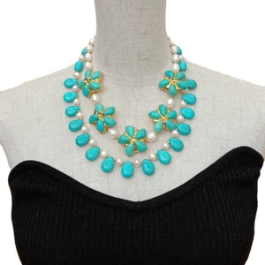 Collana di perle di riso bianco coltivate con fiori di turchese blu 18" 2 fili - Foto 1 di 6