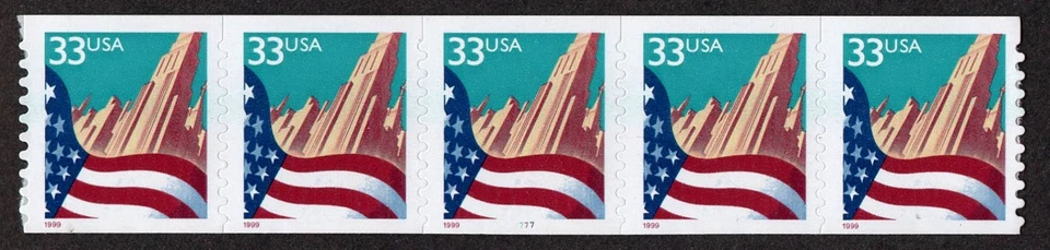 USA, SCOTT # 3281, COIL STRIP OF 5 PNC # 7777 LARGE DATE, TYPE I, FLAG and CITY - Image 1 of 1