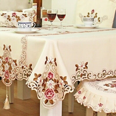 Beige Lace Tablecloth Embroidered Tablecover Floral European Round Square Decor - Image 1 of 4