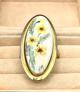 Vintage Ring goldfarben oval Porzellan gelb handbemalt floral verstellbar B056 - Bild 1 von 4