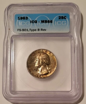 1963 Washington Quarter Type B Reverse Variety FS-901 MS66 ICG Toning - Image 1 of 4