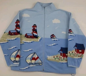 Vintage 90s Lighthouse Sail Boat Water Scenic Pattern Fleece Zip Jacket Outdoor - Picture 1 of 5
