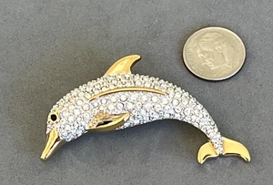 SWAROVSKI Leaping Dolphin Pave Crystal Rhinestone Gold Tone Swan Signed Pin - Picture 1 of 6