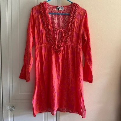 Mud Pie Bag Lady V-Neck Long Sleeve Coral Women’s Swim Coverup Small 100% Linen - Image 1 of 4