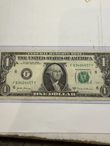 One Dollar Bill With Fancy Serial Numbers , F 83404457 F, Lot B 1055 - Picture 1 of 4
