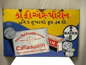 Insegna smaltata porcellana vintage Bayer's Cafiaspirina medicina double face Germania" - Foto 1 di 8