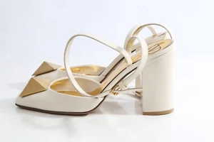 Valentino Garavani Cream One Stud Patent Leather Square Toe Ankle Strap Pumps 37 - Picture 1 of 15