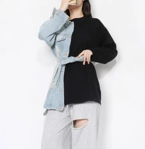 Women 2024 Fashion Two Tone Belt Ripped Irregular Denim Jacket Coat Overcoat 257 - Picture 1 of 6