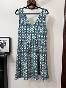 Maeve Anthropologie summer dress turquoise blue geometric pattern UK14 Petite - Picture 1 of 10