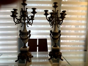 Pair French Louis XV Vintage Marble & Brass Candelabras - Picture 1 of 17