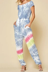 Andree by Unit Tie Dyed Jumpsuit 1XL Plus Blue Pink Yellow White Rainbow NWT - Picture 1 of 3