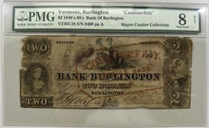 1840's-50's Vermont Bank of Burlington $2 "Counterfeit"  - PMG 8 NET - RARE! - Picture 1 of 2