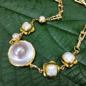 Cultured White Flower Pearl Collar Necklace Gray Mabe Pendant Chain Necklaces - Picture 1 of 8