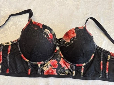 Torrid Curves XO Plunge Push Up Bra Size 48C Skull Flowers Convertible Sexy - Image 1 of 4