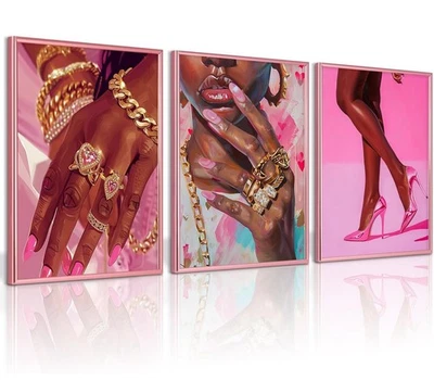 Arte de pared negro rosa sin marco decoración mujer afroamericana 12"x16x3 niña 3 piezas Foto 1 de 4