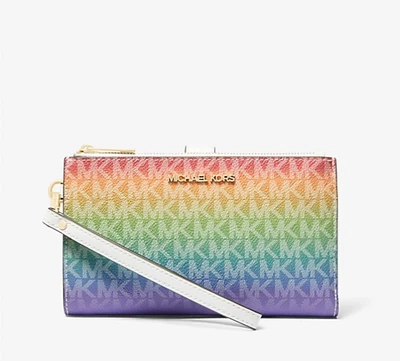 Portafoglio Michael Kors Jet Set Rainbow Signature Logo Pride da polso firmato nuovo con etichette - Immagine 1 di 2