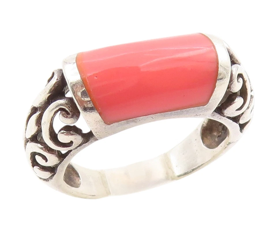 Anillo Vintage Plata Esterlina 925 Coral Rosa Desplazamiento Cúpula Banda Talla 7 RG34036 Foto 1 de 4
