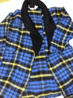 Jaqueta xadrez vintage de lã mohair azul e amarela tamanho grande - Imagem 1 de 4