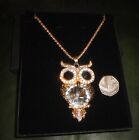 Vintage Large Gold Tone Owl jewelled Necklace made with Swarovski Crystal unworn