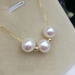 18" Gorgeous Real Naturl Akoya AAA 6-7mm White Pearl Necklace Pendant 14K Gold P - Picture 1 of 4