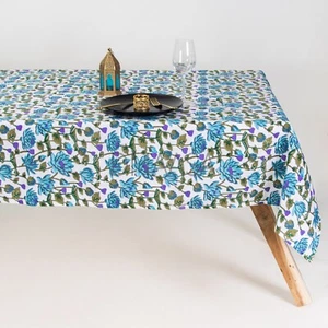Tovaglia cotone stampa blocco floreale rettangolare 60x90 blu verde con 6 tovaglioli - Foto 1 di 5