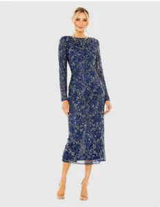 MAC DUGGAL 5988 MIDNIGHT NAVY HIGH NECK LONG SLEEVE EMBELLISHED MIDI DRESS sz 12 - Imagen 1 de 6