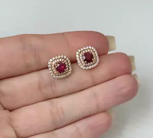 Tresorra 18K Rose Gold Natural Diamond & Pink Ruby Push Back Halo Earrings - Picture 1 of 5