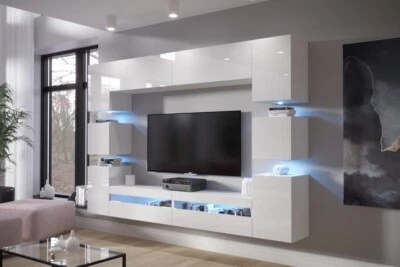 COM4T STYLE Modern White Gloss LED Living Room Furniture Set – Media Wall Cabinet TV unit