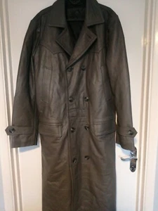 Ladies Double Breasted Grey Long Leather Trench Coat Size L - Picture 1 of 7