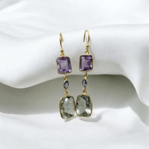 925 Sterling Silver Natural Amethyst Kyanite Green Amethyst Hook Earrings Gifts - Picture 1 of 4