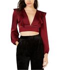 Leyden Womens Plunging Ruffled Crop Top Blouse, Red, Large