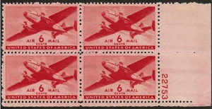 US USA Sc# C25 MNH FVF PLATE# BLOCK Twin Motor Transport Airplane 6 cent - Picture 1 of 1