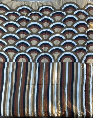 Vntg MCM Vera Neumann Burlington Brown Rainbow Stripe Mod Full Queen Comforter - Image 1 of 4