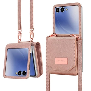 For Samsung Galaxy Z Flip3 4 5 6 7Leather Folding Case With Card Slot Neck Strap - Picture 1 of 15