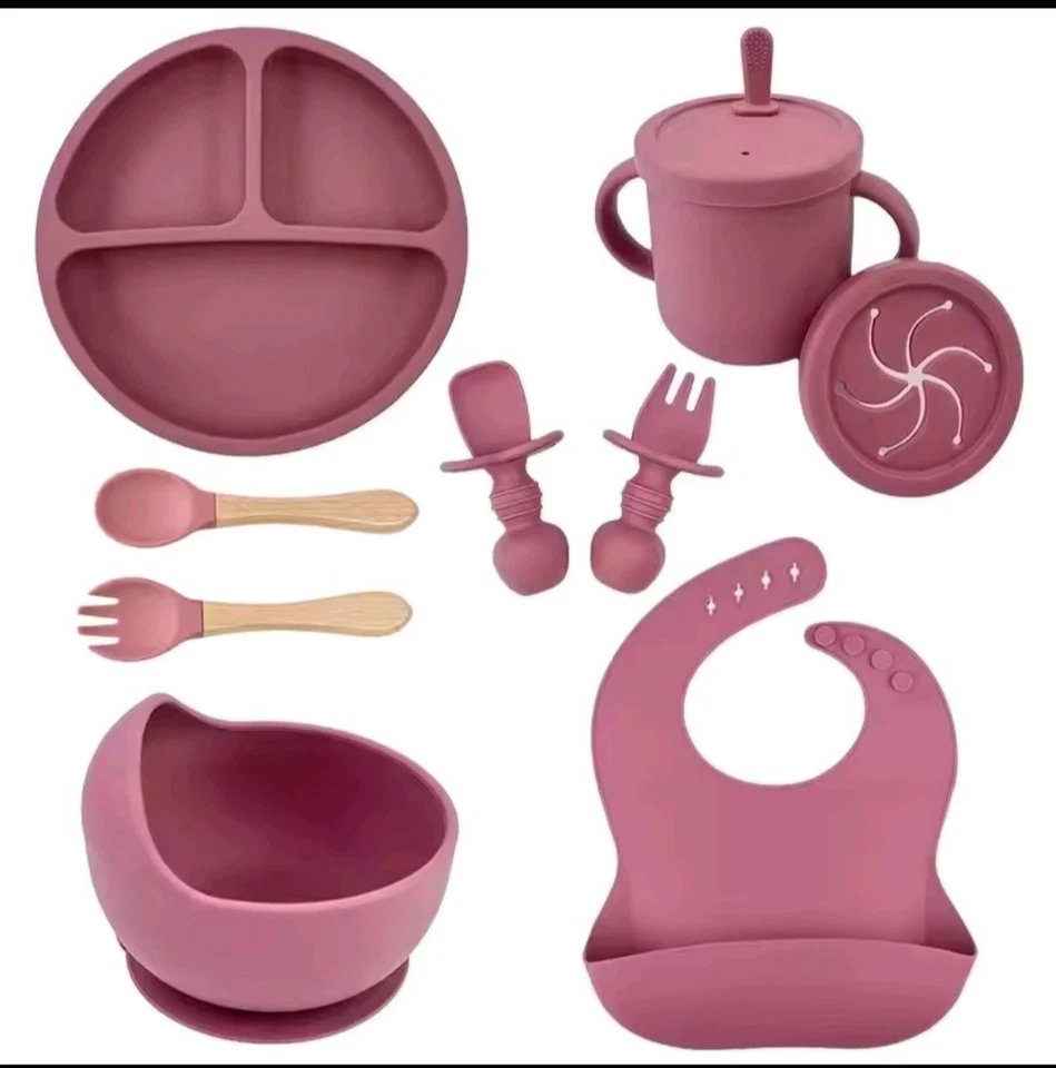 Juego de mesa de silicona rosa para niños de 9 piezas taza plato cuchara tenedor. Foto 1 de 1