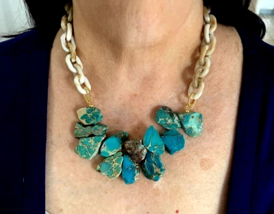 Southwest Faux Slab Turquoise w Faux Bone Chunky Chain  17" - 19" Necklace - Image 1 of 4