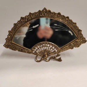 Antique / Vintage Art Nouveau Style Brass Pierced Vanity Table Top Fan Mirror - Picture 1 of 8